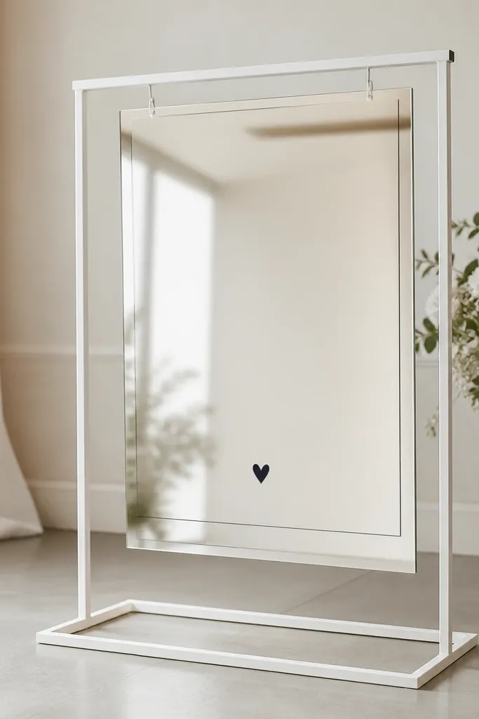 A mirror-finish acrylic sign with black vinyl lettering. There's a thin white border line around the rectangle and a small heart icon under the main text. The sign is on a white floor stand.