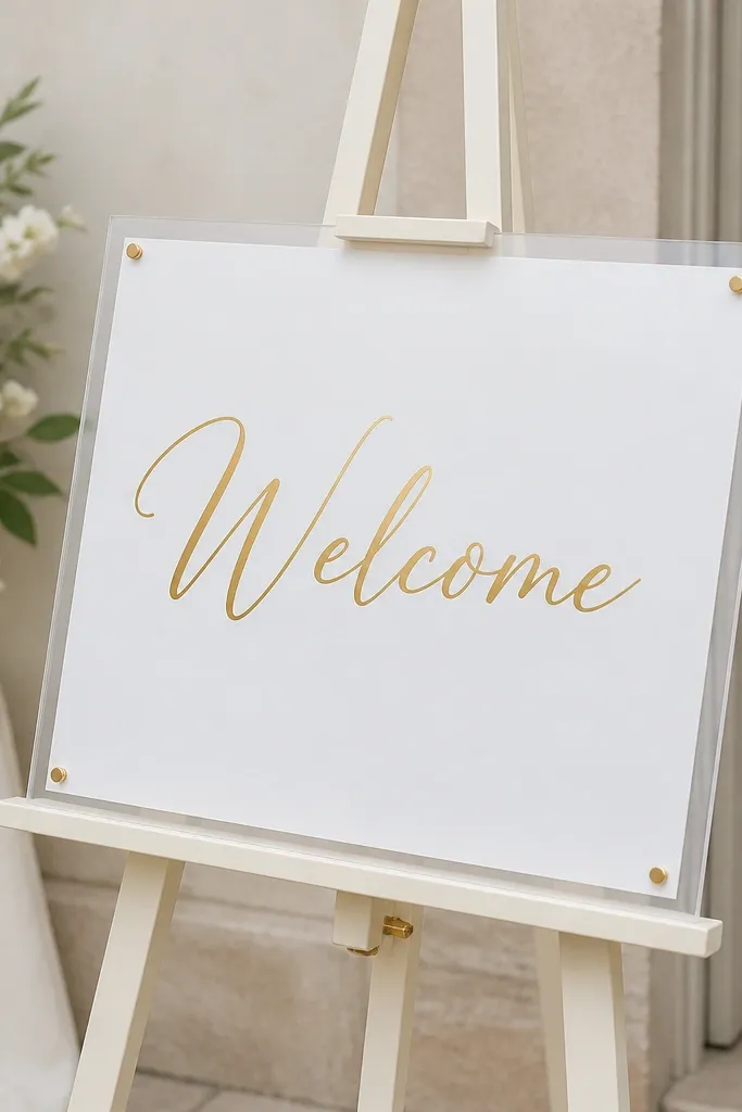 A clear acrylic sign with gold vinyl "Welcome" text. The backer is matte white paperboard, and the sign sits on a cream easel. The gold has a slightly metallic sheen.