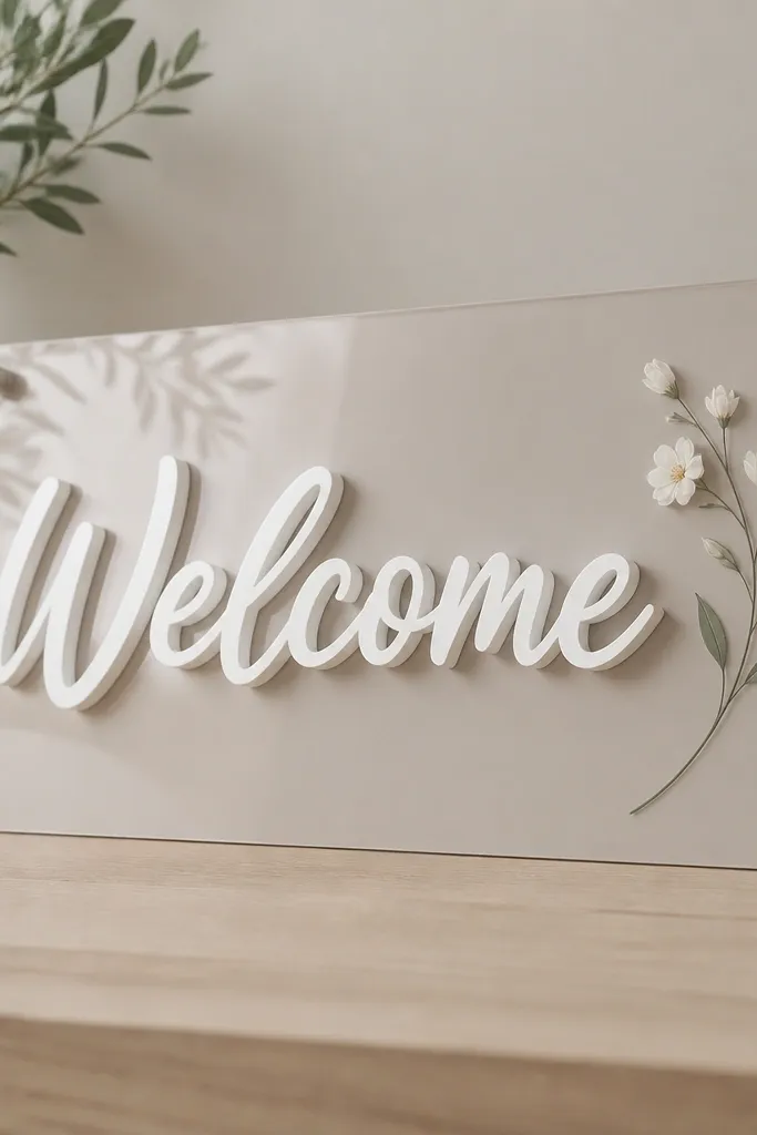 A clear acrylic sign with raised white foam letters beneath the acrylic. The "Welcome" is three-dimensional and slightly matte, with a small flower decal. The sign is on a light taupe backing.