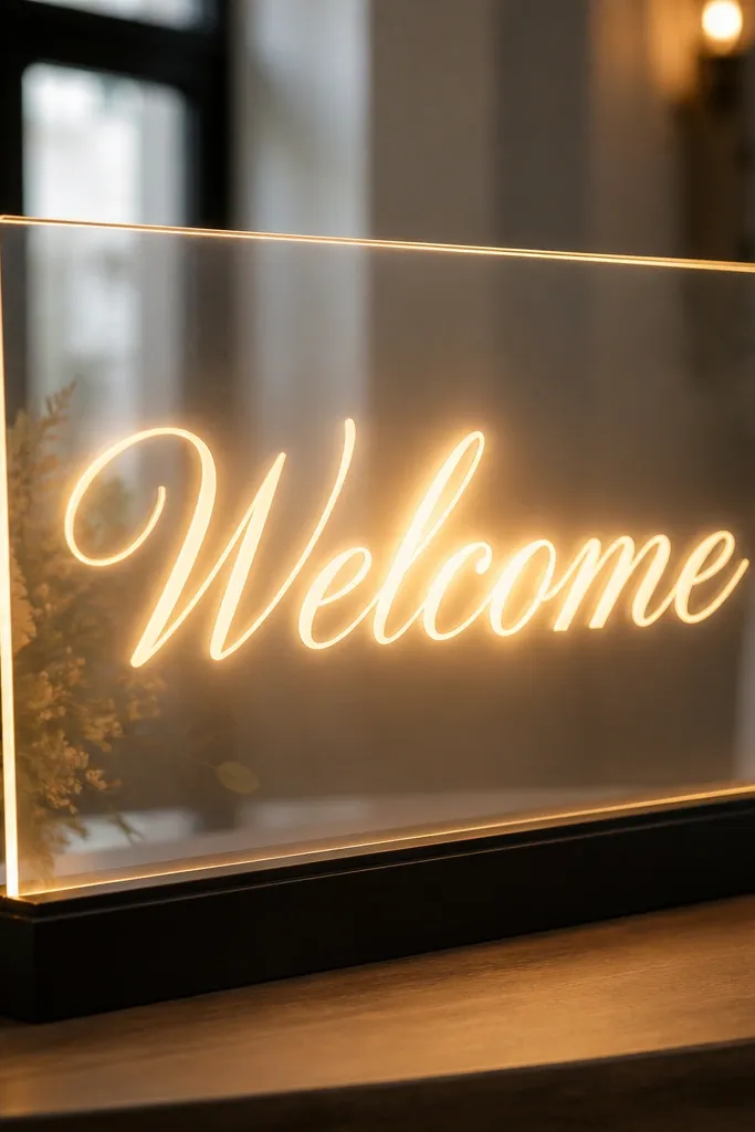 A clear acrylic sign with glowing light behind the lettering. The "Welcome" text looks brighter at the center, with a soft warm amber glow. Small LED tape is visible along the edges behind the acrylic, and the sign is on a dark stand.