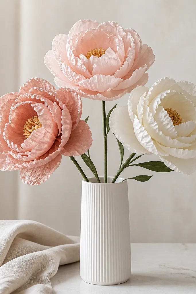 Three large paper flowers in peony shape on long stems, arranged in a tall white vase with blush and ivory petals and pale gold centers.