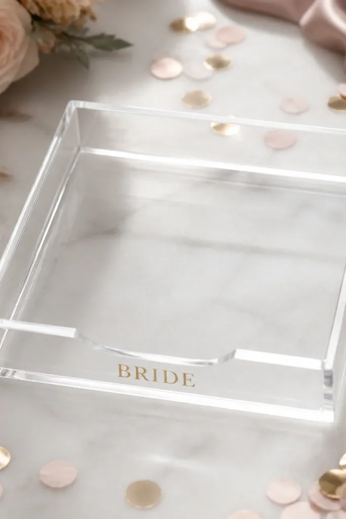 A small clear acrylic tray on a table with printed "BRIDE" label on the bottom edge, surrounded by blush and gold confetti.
