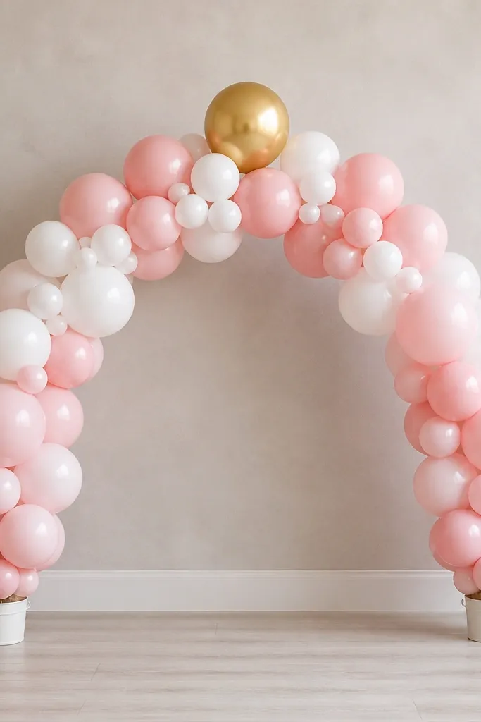 Two small weighted buckets with balloon clusters forming a half-arch, with blush, white, and one gold balloon on top.
