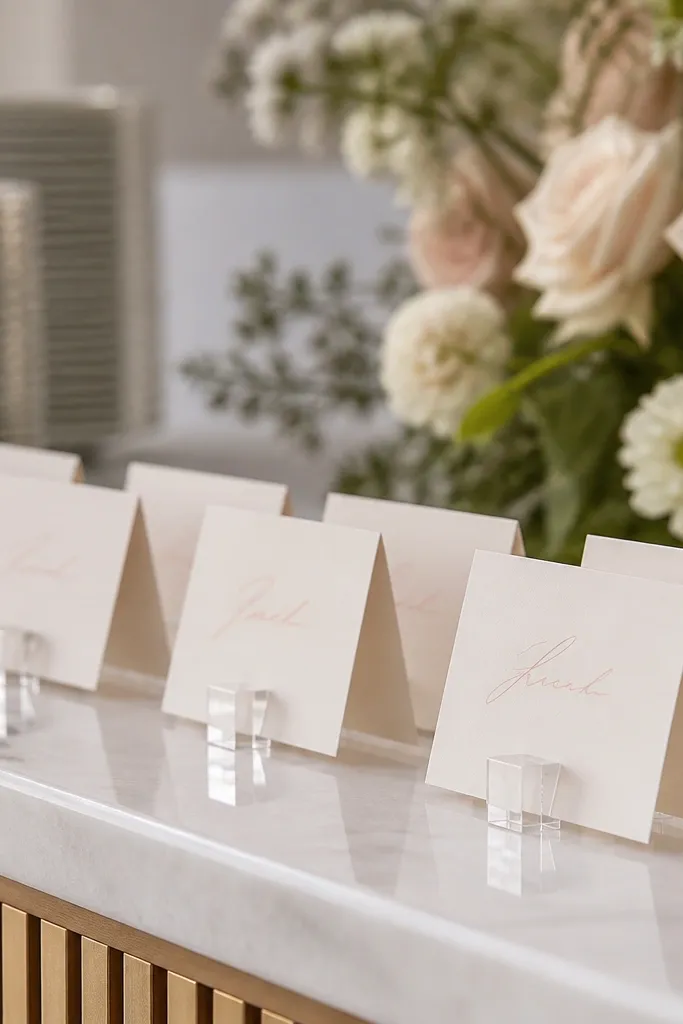 Folded ivory cards with blush script names sitting upright on small acrylic stands, lined up on a buffet table.