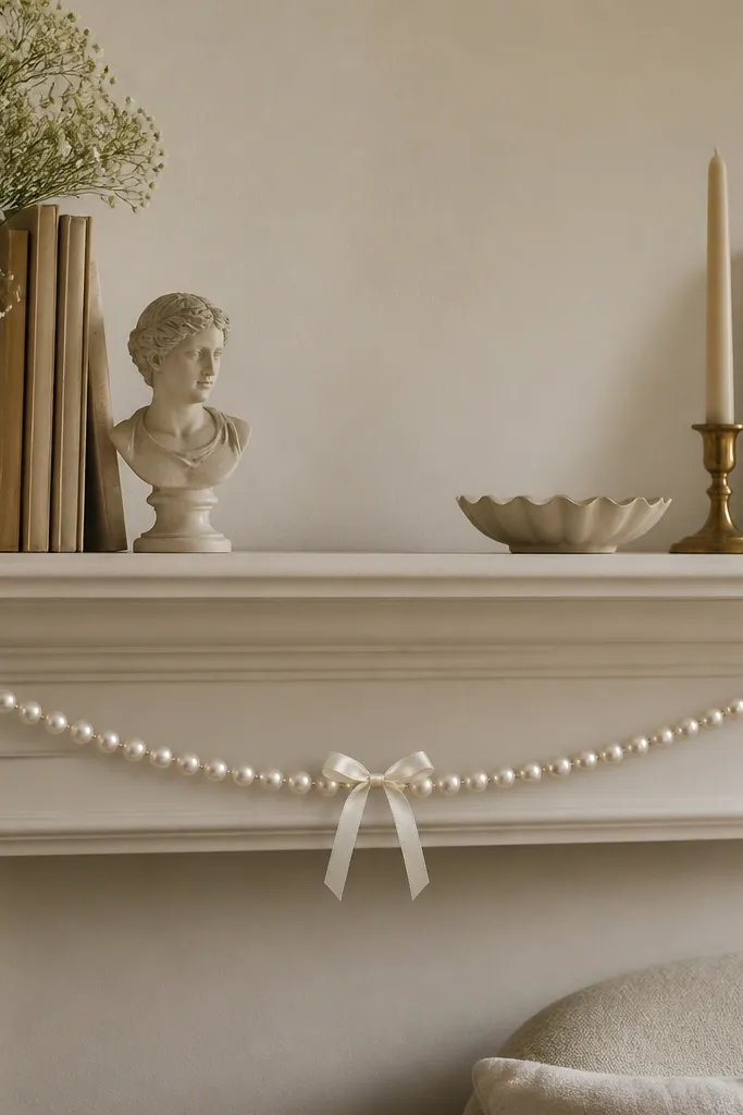 A pearl bead garland draped across a wall shelf, with evenly spaced pearls and a small bow at the center.