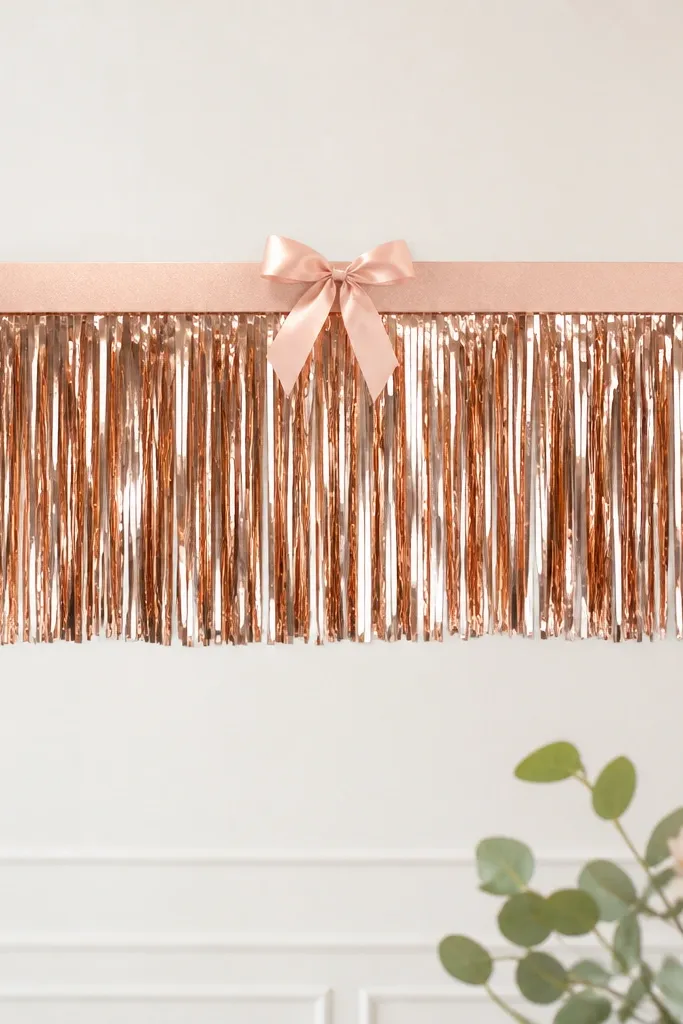 A rose gold fringe banner with metallic foil strips hanging from a straight foam core bar, with a small blush ribbon bow at the center.