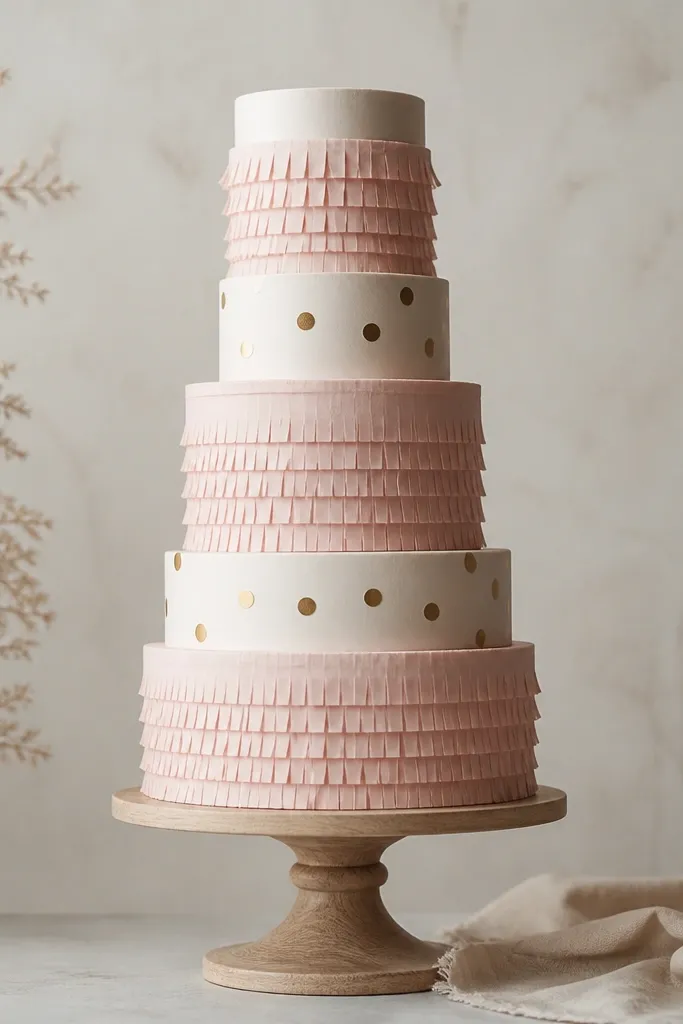 A tall paper "cake" made of stacked circles and cut paper tiers, placed on a stand, with blush frosting-like fringe and gold dots.