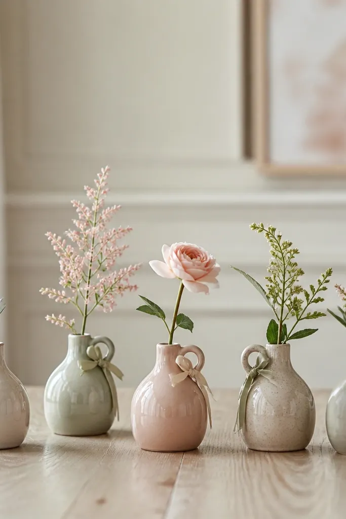 Five small bud vases on a table, each with a single faux stem in sage and blush, with tiny ribbon loops on the handles.
