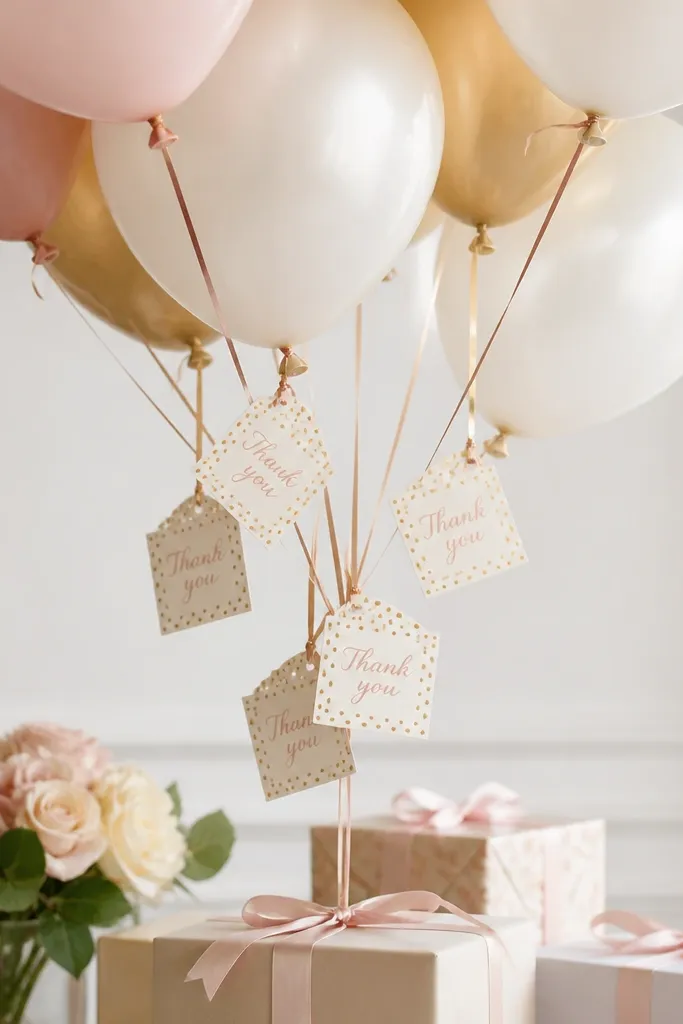 Small balloon knot tags attached to a cluster above a gift table, with ivory tags reading "Thank you" in blush and a gold dot border.