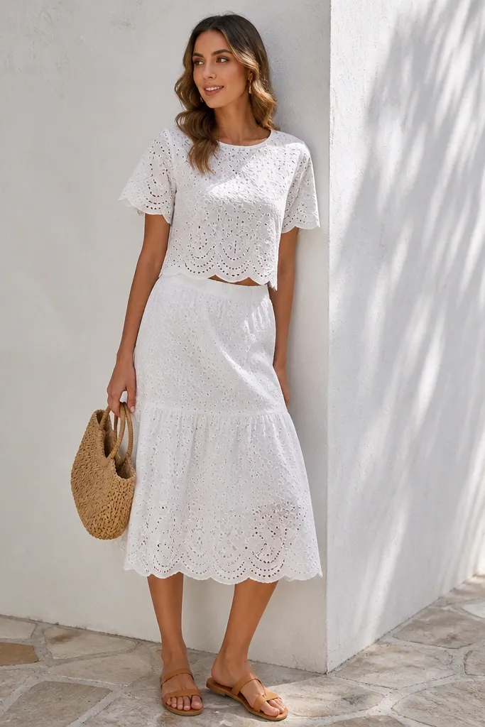 A white eyelet two-piece set: a short-sleeve top and a midi skirt with scalloped eyelet edges. The model wears tan sandals and a straw-like small bag. Bright daylight background.