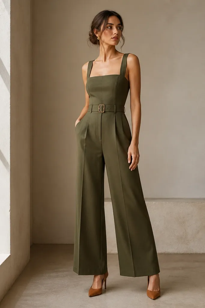 An olive tailored jumpsuit with a square neckline, wide-leg trousers, and a defined waist seam. The model wears a belt and tan leather heels.