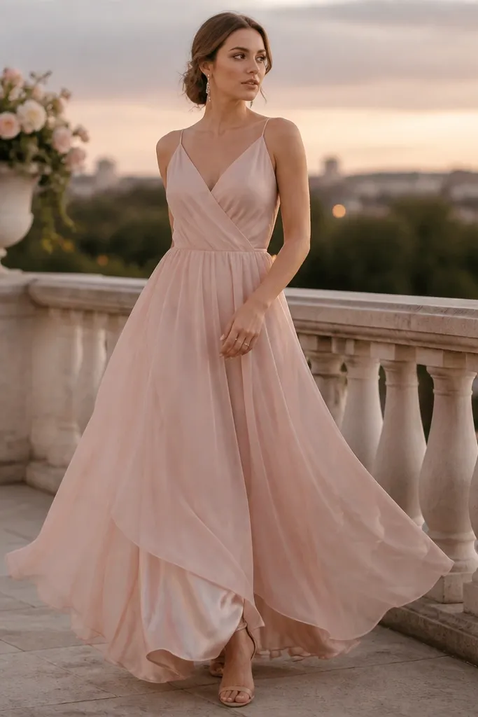 A blush chiffon maxi dress with airy layers and a satin slip visible at the hem. The model wears delicate drop earrings and nude heels. Outdoor evening lighting.