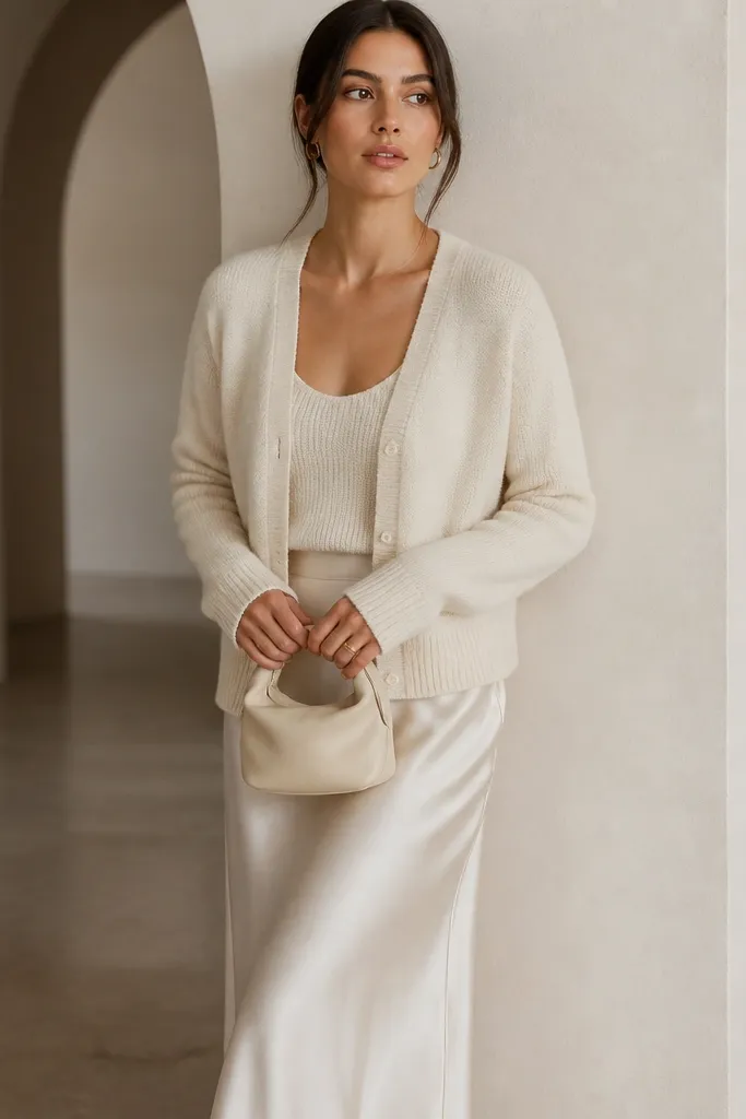 A cream knit cardigan worn over a matching knit top, paired with a satin midi skirt in soft ivory. The model wears gold hoops and a small cream bag.