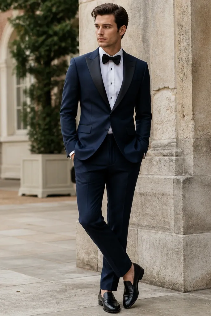 A midnight blue tuxedo jacket with satin lapel trim and matching trousers. The model wears a crisp white shirt and a black bow tie. Shoes are black leather loafers.