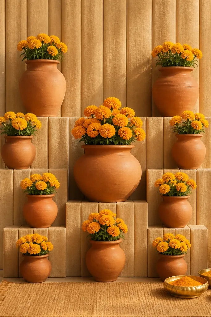 A backdrop made of vertical wooden planks wrapped in warm beige fabric. Multiple terracotta clay pots are arranged in a stepped grid, each pot holding small marigold bunches. The top row has two taller pots, and the center has one large pot with a dense marigold cluster. The floor shows a jute runner with a few pot silhouettes and turmeric bowls in brass.
