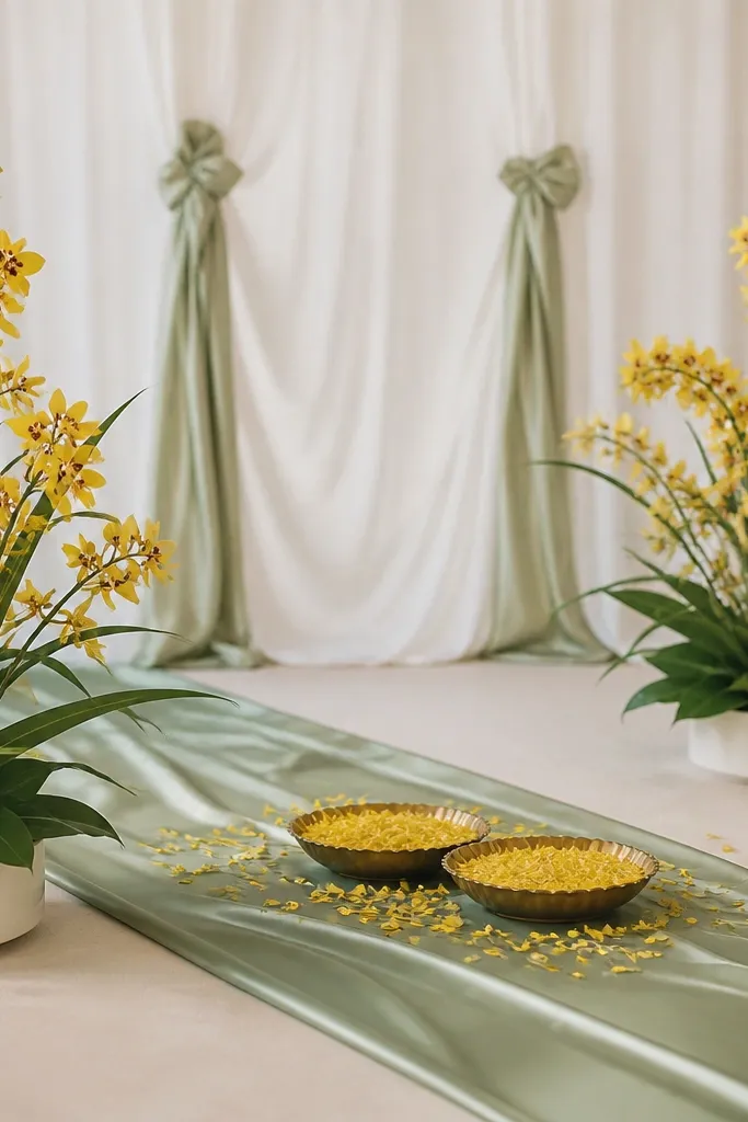 A sage green satin runner laid diagonally across the stage. On both sides sit low white planters holding long-stem yellow flowers resembling cymbidium orchids. Behind, there is a soft white drape with a few sage ribbon ties. Two haldi bowls sit at the runner's center point, with small yellow petals around them.
