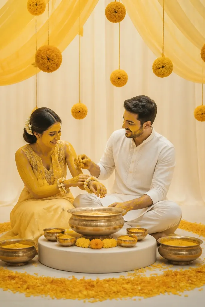A soft yellow chiffon canopy hangs above the couple like a tent, with marigold ball ornaments suspended at different heights. The background is cream fabric. The floor has a circular ring of marigold petals around the haldi bowls. Brass bowls sit on a cream platform at the center.