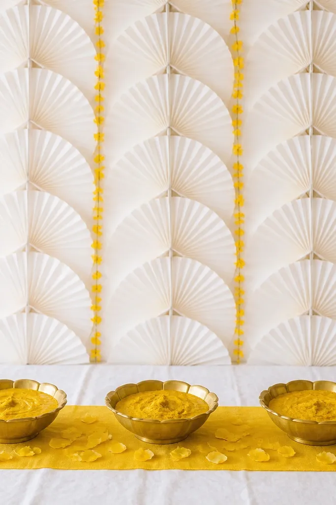 A wall of layered white paper fans arranged in vertical columns. Along the center seam, small yellow flower confetti trim is attached like a thin fringe. The floor has a white sheet and a narrow yellow runner strip underneath the haldi bowls. Petals are scattered only on the runner.