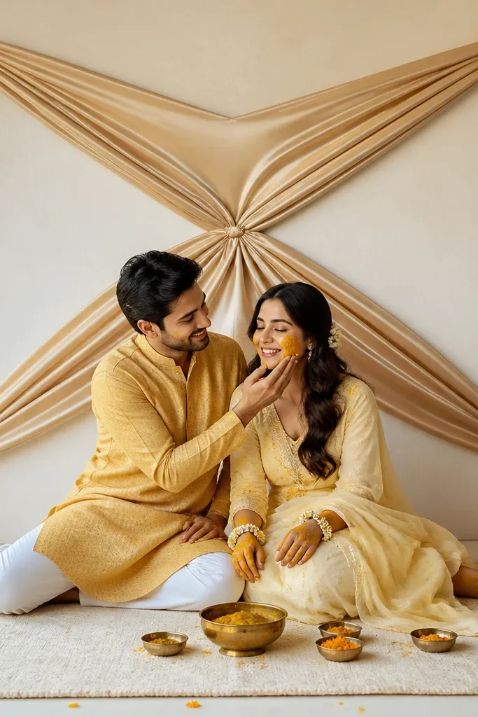 Champagne satin drapes form an "X" behind the couple, tied at the center with a small knot. At the four corners, marigold bow bundles are placed, each made of marigold heads with a satin ribbon wrap. The floor has a cream rug and brass haldi bowls near the center. Small petals sit around the rug edges.