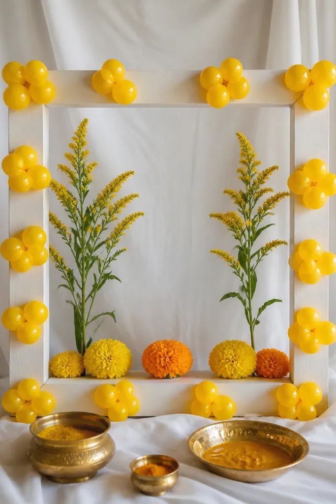 A small rectangular photo frame backdrop made of white wood. Around the frame edge, yellow balloon garland trim is attached in small clusters. Inside the frame, there are two tall yellow flower stems and a few marigold heads. The floor has a white cloth and brass haldi bowls placed in front of the frame.