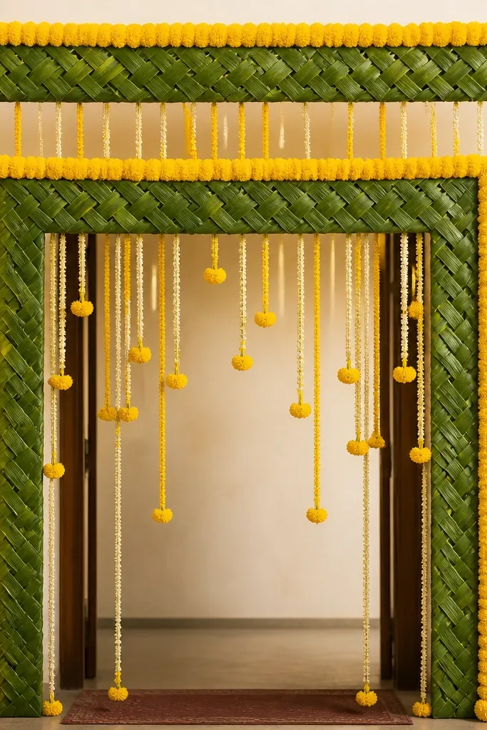 Two entry toran gates made from interlaced mango leaves at the top and sides, wrapped with yellow marigold garlands. From the center hang thin tassel threads in yellow and white, with a few marigold clusters tied at different heights so they sway. The background is a plain cream wall, and the gates frame a doorway like a photo booth entrance.