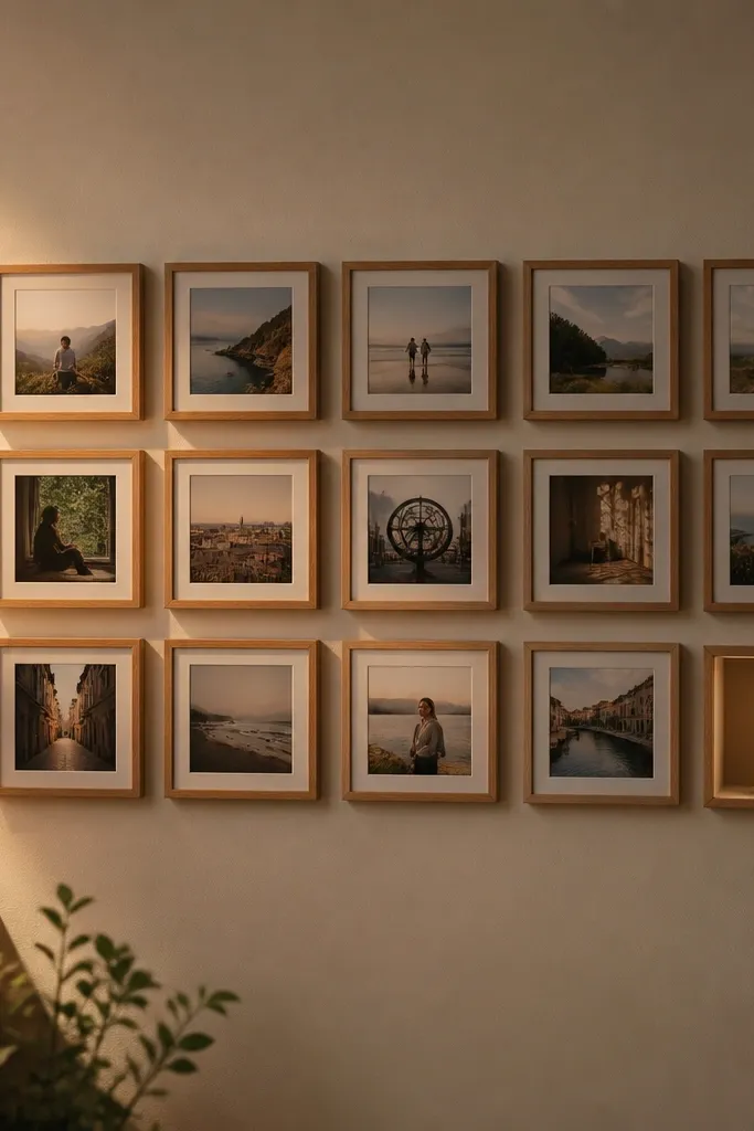 A wall with a neat grid of small frames showing printed photos. The last frame on the right is slightly ajar, and behind it a gold ring box is visible. Warm lamp light hits the wall from the side.