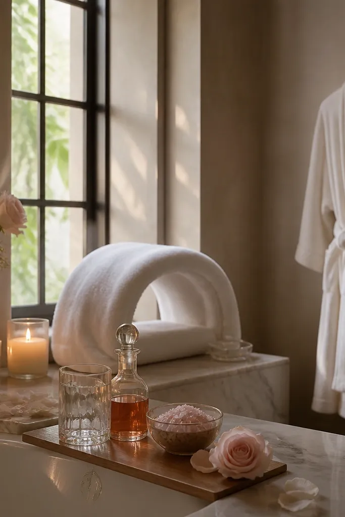 A bathroom with soft candlelight on the counter, a rolled towel folded into an arch shape behind the couple's spot, and a small tray with rose oil, bath salts, and a glass. A white robe hangs on a hook nearby.