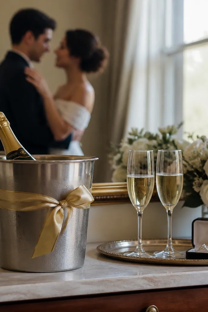 A small champagne bucket on a table wrapped with a gold ribbon. A mirror in the background reflects the couple, with two glasses, a bouquet, and a ring box placed on a tray near the mirror.