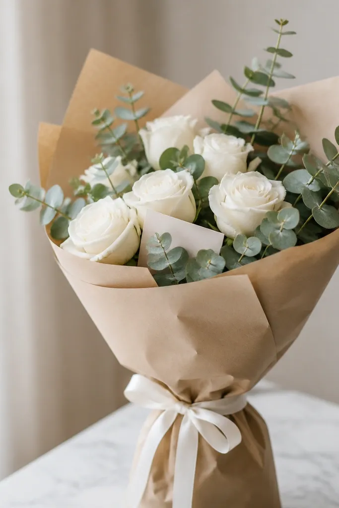 A bouquet of white roses and eucalyptus wrapped in kraft paper. White ribbon ties the wrap, and a small note peeks out near the center. The ring box is hidden inside the bouquet wrap.