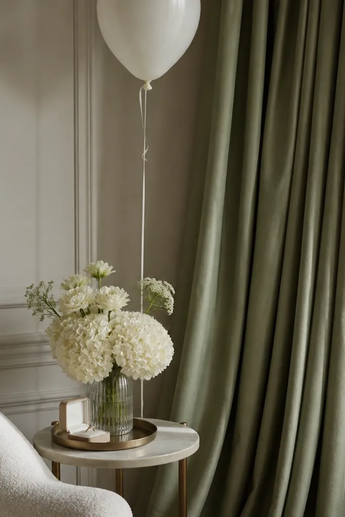 A corner of a room with a sage green curtain draped in soft folds. A single white balloon floats near the top, and a small side table holds a vase of cream flowers and a ring box on a tray.