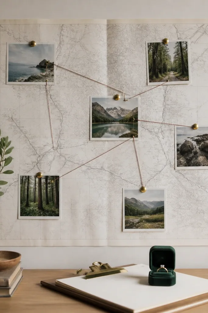 A large sheet of paper taped to a wall with a simple line map and small photos pinned with brass pushpins. A thin string connects the pins, and the ring box sits on a clipboard below the map.