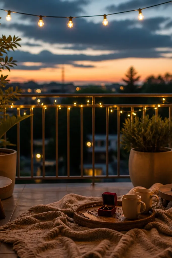 A small balcony set up with two warm lanterns on low tables, sheer patio lights overhead, and a string of warm fairy lights along the railing. The ring box sits on a small tray near a blanket and two mugs.