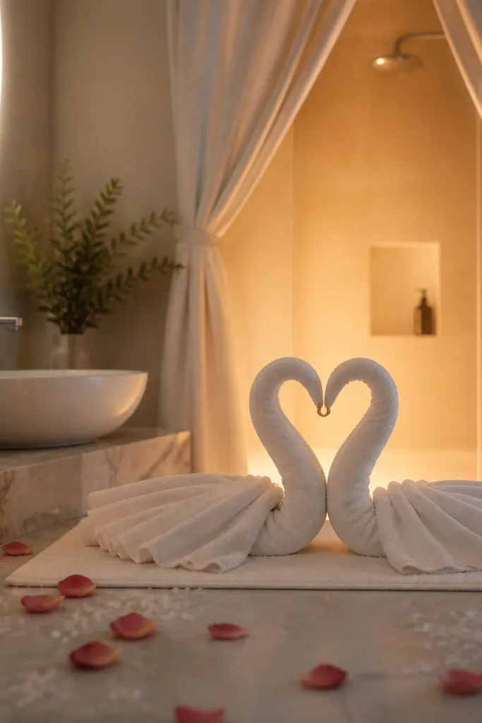 A steamy bathroom with a soft white LED mirror light, two folded white hand towels shaped into swans on a white bathmat, a small gold ring resting in the swan "beak," and scattered sea-salt crystals and rose petals near a candle on the counter. The shower curtain is pulled open so a warm light from inside the shower area glows behind the towels.