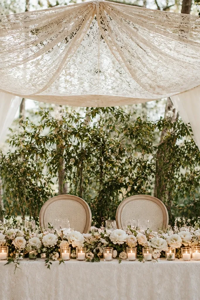 A head table under a light cream lace canopy stretched above two chairs. The fabric drapes down in sheer layers, and there are candles in short glass cups along the table edge. Behind the chairs is a simple greenery backdrop.
