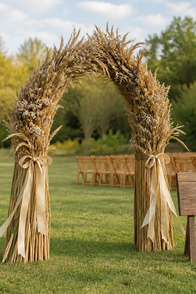 A small arch at the ceremony entrance made from dried broom corn stems, with tiny dried flower clusters and neutral ribbon. The arch is compact and sits on a grassy lawn with a simple wooden sign beside it.