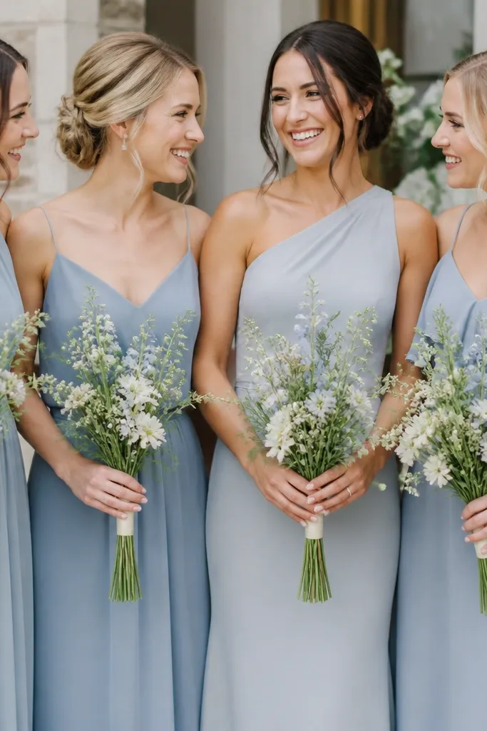 Bridesmaids holding small bouquets of wildflower stems in dusty blue, ivory, and soft green. The ribbon wraps are ivory, and the bouquets look airy with long stems visible.