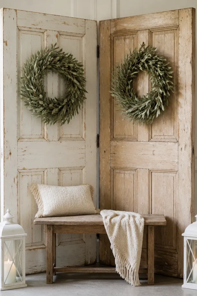 A photo corner made from two old doors propped upright, each with an olive wreath. A small bench sits between them, and there are two matching white lanterns on the floor.