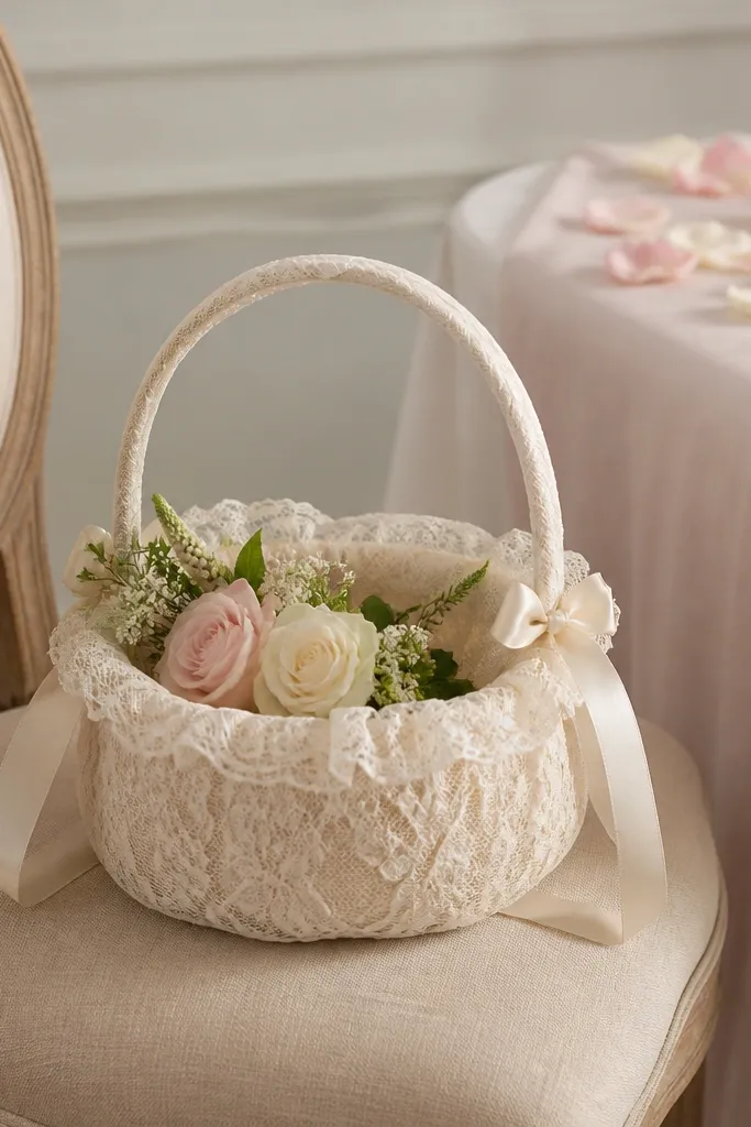A lace-wrapped basket on a chair with a small bouquet inside. The basket has cream lace and a ribbon handle, and there are a few petals scattered on a nearby runner.