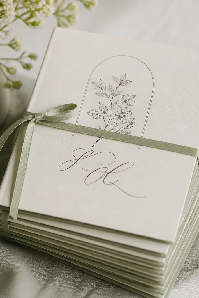 A stack of small ceremony programs in sage and cream. Each program is wrapped with a thin sage ribbon, and the top page has a simple line drawing and the couple's names in dark ink.