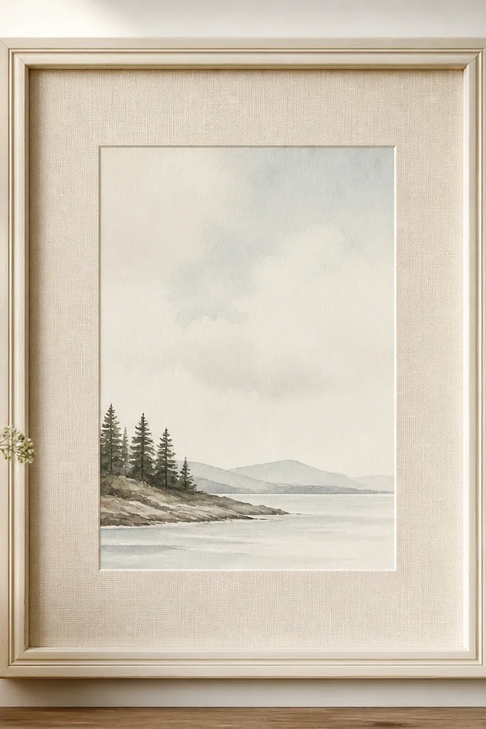 A warm ivory painted wooden frame with a cream linen mat border. The card sits centered, with visible linen weave around the edges and a clean, crisp inner window.