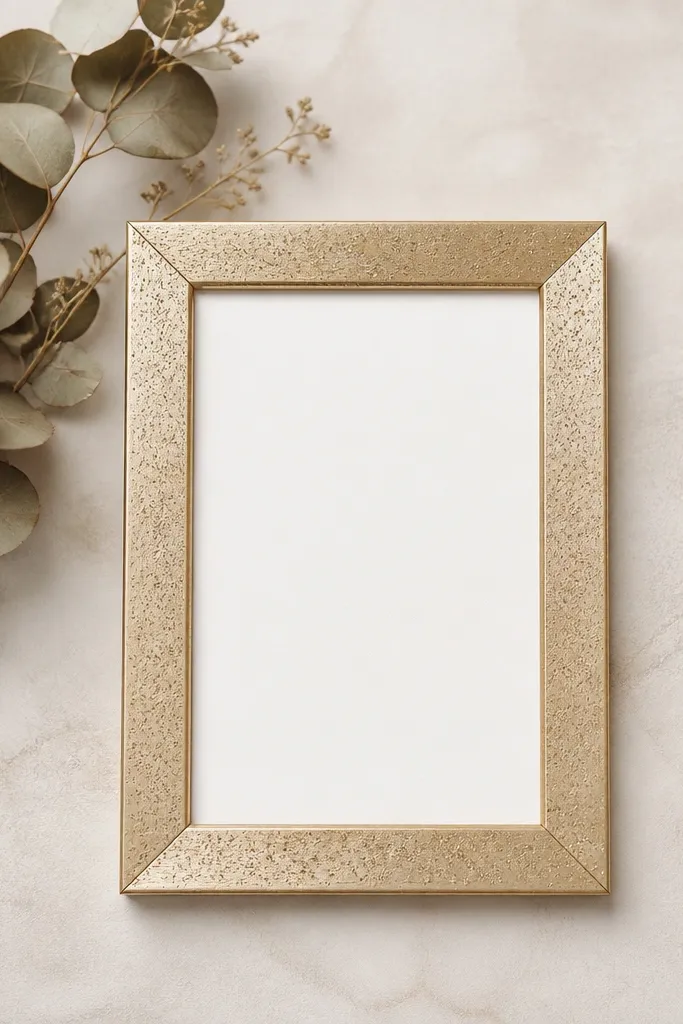 A champagne-sprayed frame with a light neutral backing. In one corner, dried eucalyptus leaves cluster naturally, with the card centered and visible.