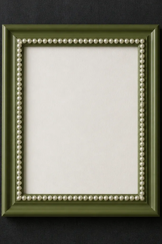 An olive green frame with a single row of faux pearls running along the inner edge. Behind the card is charcoal fabric or paper, making the card look bold.