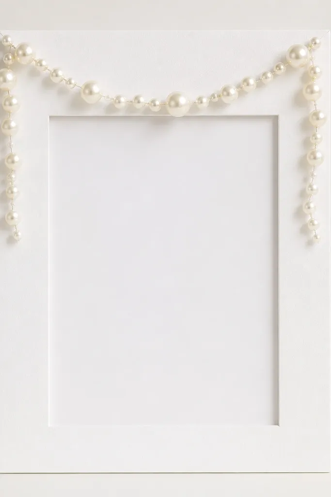 A white foam board frame with a faux pearl garland loop across the top and down slightly on both sides. The card is centered on a light background with clean edges.
