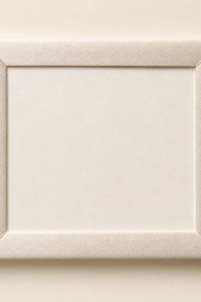 A rectangular frame wrapped in pale satin ribbon around the outer border. The corners are tight and clean, and the card sits centered on a cream backing.
