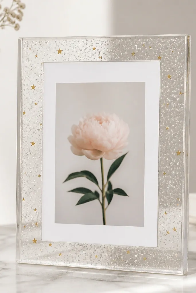 A clear bubble-textured acrylic frame with tiny gold star confetti visible behind the card. The confetti is subtle and evenly distributed around the card edges.