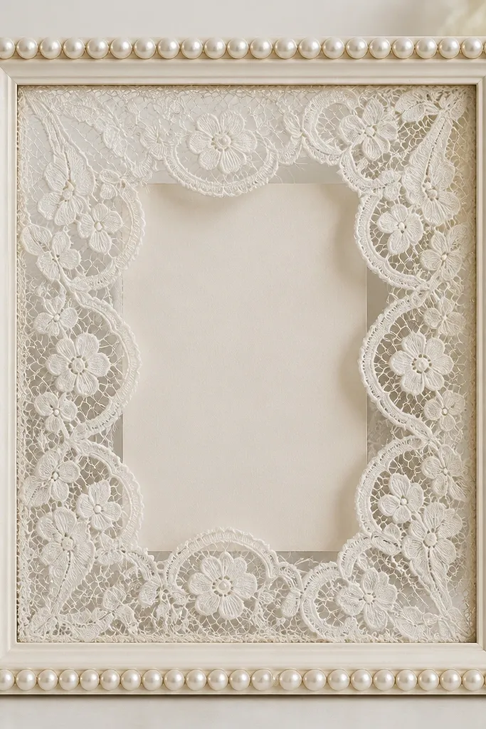 A frame with a lace panel across the center and a pearl trim around the outer edge. The card is placed behind the lace so the lace frames it like a window.