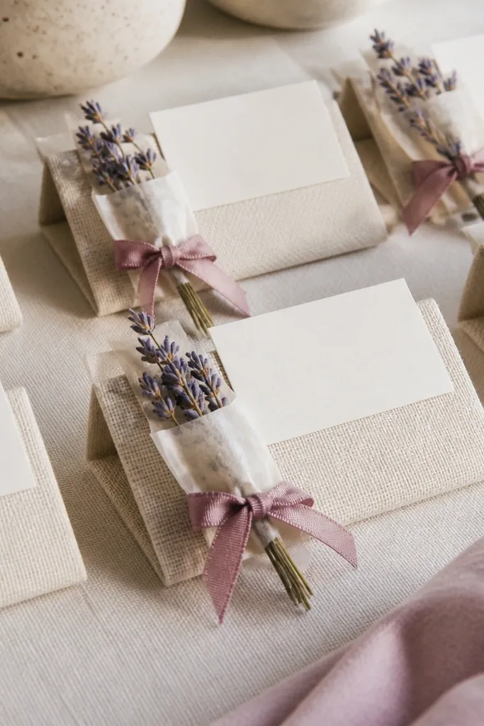 A set of cream place card holders made from thick linen-look fabric wrapped around a stiff base, each with a small sleeve of waxed paper holding a few dried lavender sprigs; a dusty rose ribbon ties each sleeve, with the place cards sitting neatly on top.