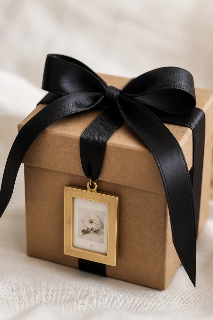A small kraft keepsake box with a hinged lid, tied with black satin ribbon; a tiny brushed gold frame tag is attached on the front, and the tag holds a miniature photo or monogram card.