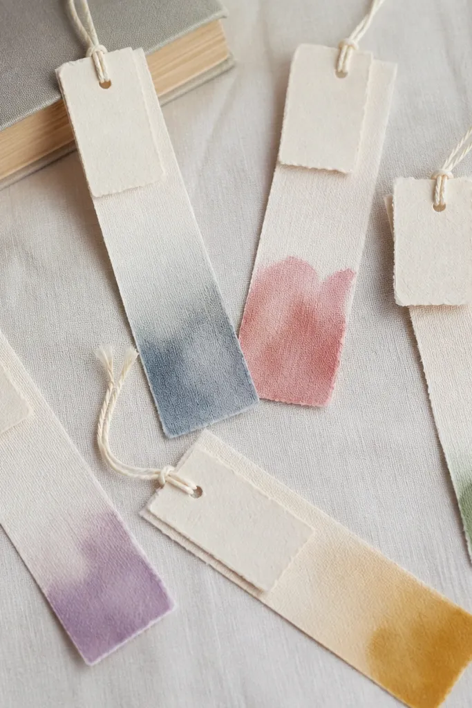 Multiple bookmarks made from cotton fabric with watercolor-style dyed ends, each with deckled-edge paper tabs and a thin ivory cotton string tied through a small punched hole.
