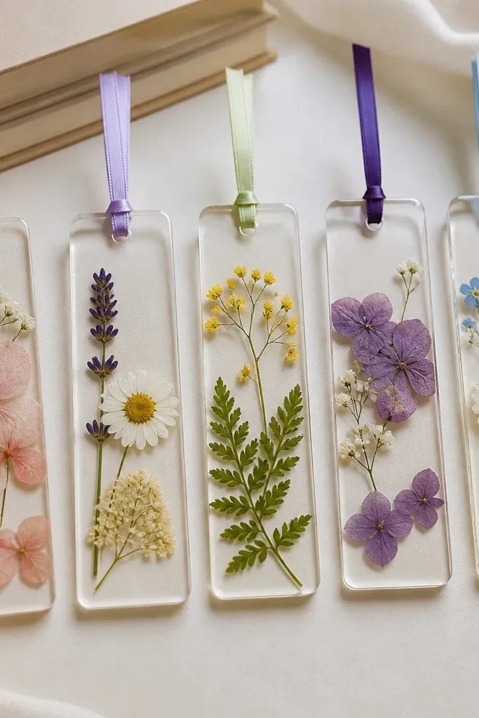 A set of bookmarks with pressed flowers sealed under clear resin; the top edge shows a smooth resin border, and each bookmark has a narrow ribbon loop at the top.